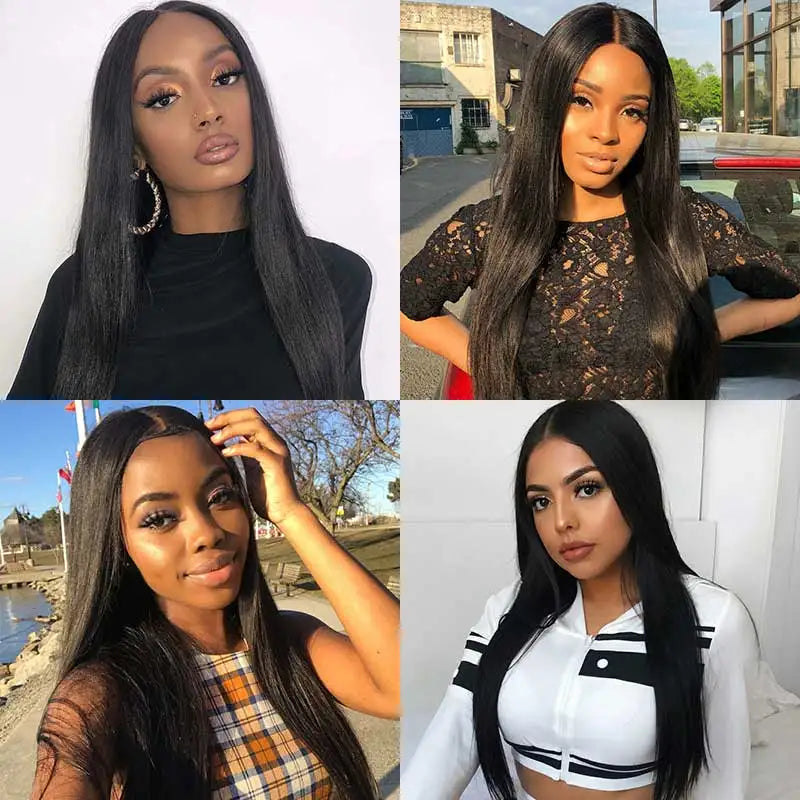 Straight Frontal 4x4 Lace Brazilian Human Hair Bundles With Closure Natural Black Extensions 26 28 30 Inch 3 Bundles Human Hair
