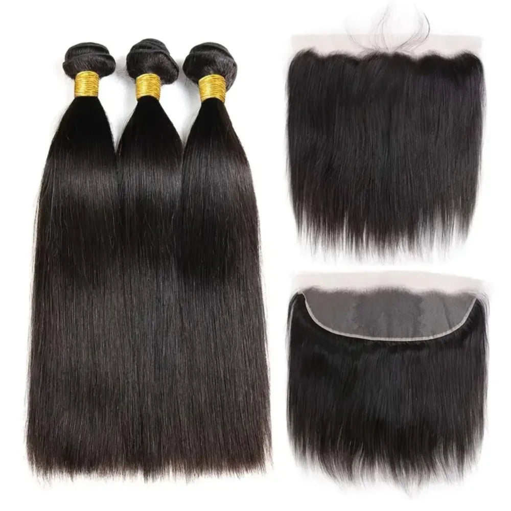 Human Hair Bundles With 13x4 Frontal Straight Brazilian Bundles With Closure Human Hair Weave Extensions 3 Bundles Natural Black